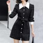 Long-sleeve Collared Tweed Mini A-line Dress