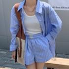 Long-sleeve Striped Loose-fit Blouse / Striped Shorts