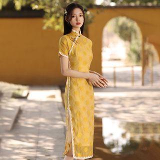 Short-sleeve Dotted Organza Midi Qipao