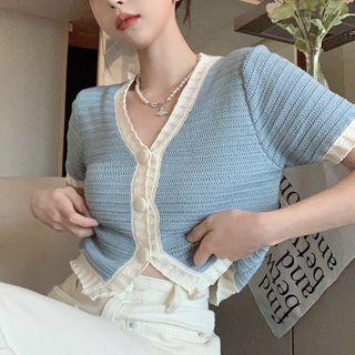 Short-sleeve Two Tone Knit Top Sky Blue - One Size