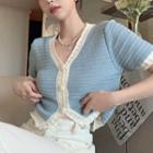 Short-sleeve Two Tone Knit Top Sky Blue - One Size