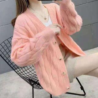 Plain Loose Fit Cable Knit Cardigan