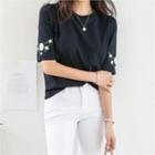 Flower-embroidered Sleeve T-shirt