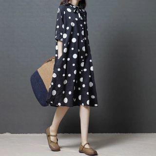 Elbow-sleeve Dotted Shirt Dress