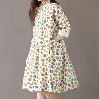 Long Sleeve Owl Print Midi Shirt Dress