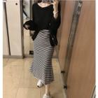 Loose-fit Long-sleeve T-shirt / Striped Slit Mermaid Skirt
