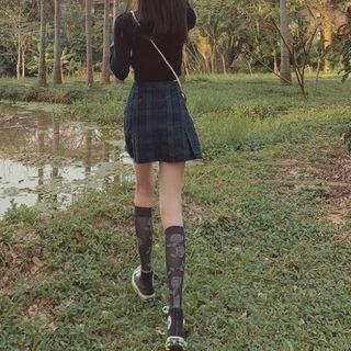 Color-block Plaid Pleated Skirt