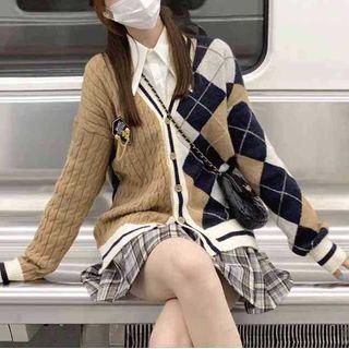 Plain Shirt / Argyle Cardigan / Plaid Pleated Mini Skirt / Set