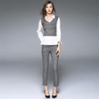 Set: Mock Two-piece Long-sleeve Collared Top + Pinstripe Pants