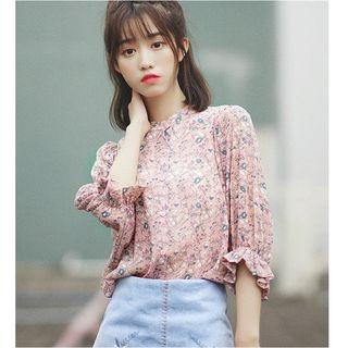 Ruffled Elbow-sleeve Printed Chiffon Top