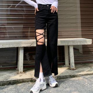 Slit-hem Cut Out Boot-cut Jeans
