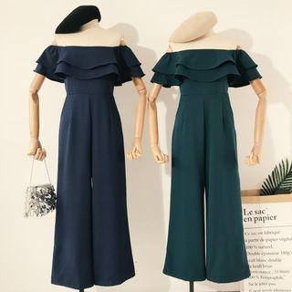 Short-sleeve Off-shoulder Ruffle Trim Jumpsuit