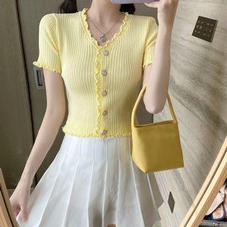 Lettuce Edge Short-sleeve Cropped Rib Knit Top