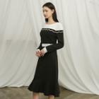 Color-block Ruffle-hem Knit Dress Black - One Size