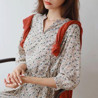 Open-placket Long Floral Dress