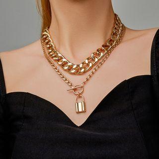 Lock Layered Chain Necklace 01 - S98 - Gold - One Size