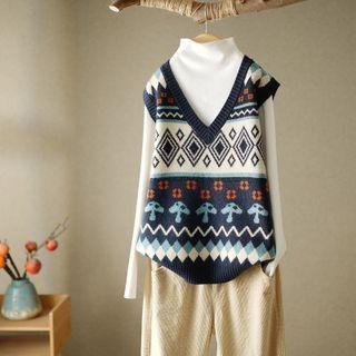 Mushroom Print Sweater Vest Navy Blue - One Size