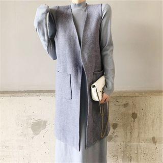 Open Front Long Vest / Long-sleeve Mock-neck Midi Shift Dress
