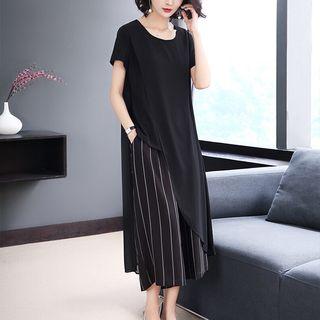 Set: Irregular Hem Short-sleeve T-shirt + Striped Wide-leg Cropped Pants