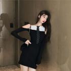 Color Block Long-sleeve Mini Dress Black - One Size