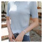 Collared Short-sleeve Rib-knit Top Sky Blue - One Size