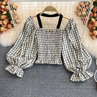 Puff Sleeve Smocked Check Blouse