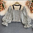 Puff Sleeve Smocked Check Blouse
