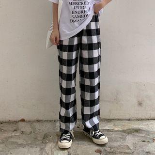 Plaid Straight-cut Pants Plaid - Black & White - One Size