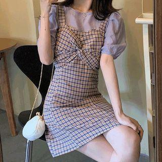 Set: Puff Sleeve Plain Top + Check Sleeveless A-line Dress