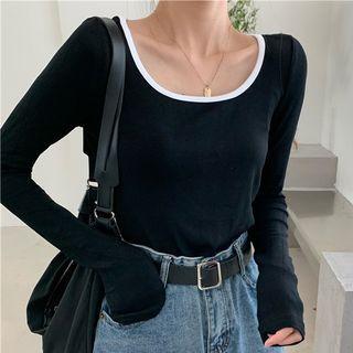 Long-sleeve Round Neck Contrast Trim Slim Fit T-shirt