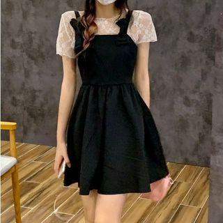 Short-sleeve Lace Top / Spaghetti Strap Plain Mini Dress