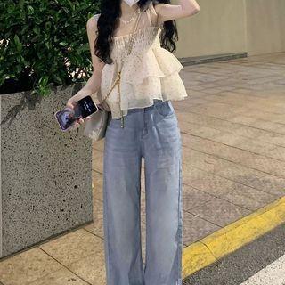 Dotted Ruffled Camisole Top / Mid Rise Washed Wide Leg Jeans