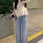 Dotted Ruffled Camisole Top / Mid Rise Washed Wide Leg Jeans