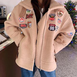 Buckle-neck Patched-detail Sherpa-fleece Jacket