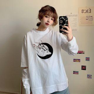 Long-sleeve Cutout Printed T-shirt
