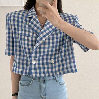 Short-sleeve Gingham Double-breasted Blazer
