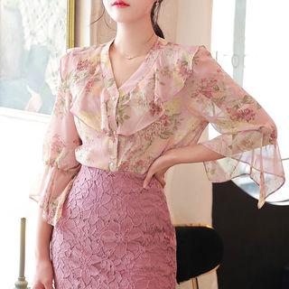 Bell-cuff Ruffled Floral Chiffon Blouse