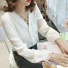Long-sleeve Buttoned Lace Trim Creased Blouse