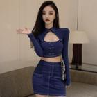 Short-sleeve Cut-out Crop Top / Long-sleeve Top / Mini Pencil Skirt / Set