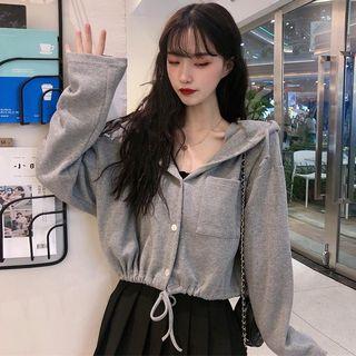 Hooded Drawstring Cropped Button Jacket