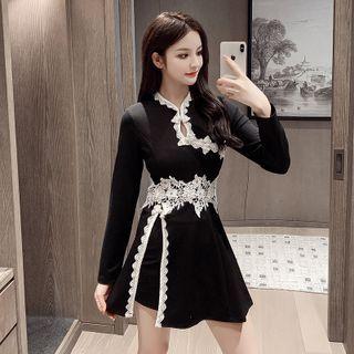 Set: Long-sleeve Lace Trim Mini Qipao Dress + Shorts