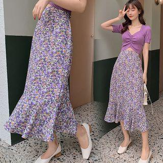 Square-neck Short-sleeve Knit Top / Flower Print Midi A-line Skirt / Set
