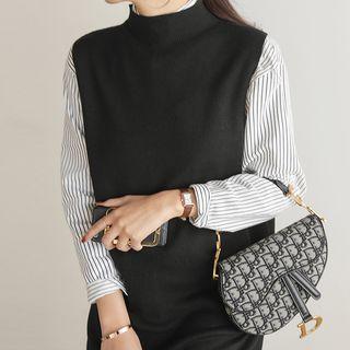 Pocket-front Stripe Shirt Navy Blue - One Size