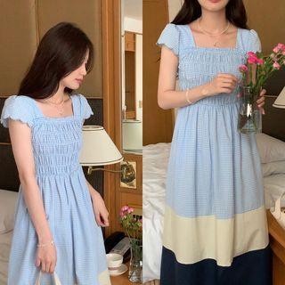 Cap-sleeve Gingham Check Midi A-line Dress