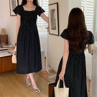 Short Sleeve Square Neck Dotted Midi Dress Dotted - Black - One Size