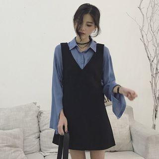 Plain Long-sleeve Loose-fit Shirt / Plain Slim-fit Sleeveless Dress