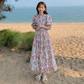 Short-sleeve Floral Print Midi A-line Dress Pink & Purple Floral - White - One Size