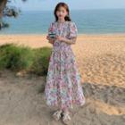 Short-sleeve Floral Print Midi A-line Dress Pink & Purple Floral - White - One Size