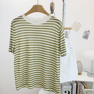 Striped Round-neck Knit Top Green - One Size