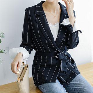 Striped Lapel Linen Blazer With Sash